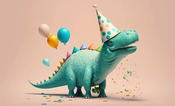 An adorable dinosaur in a party mood wearing a birthday hat surrounding colorful balloons and confetti. Generative AI
