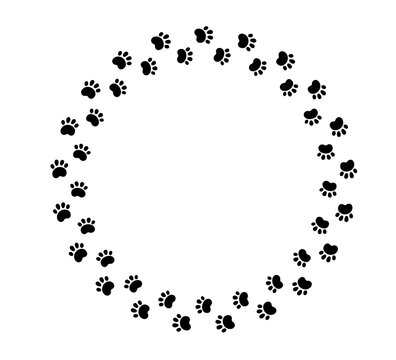 Dog paw print circle frame. Cute cat pawprint frame. Pet foot trail border. Black dog step silhouette. Simple doodle drawing. Vector illustration isolated on white background.