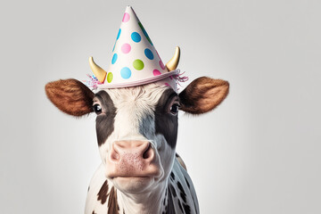 An adorable cow in a party mood wearing a birthday hat, isolated over white background. Generative AI - 574886376