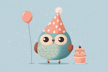A cute owl is ready to celebrate with a festive hat, balloons, confetti, and a delicious cake. Generative AI  - 574886392