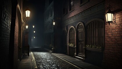 Fototapeta na wymiar Victorian alley at night with traditional cobble road, buildings and lamps. Generative AI