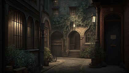 Victorian alley at night with traditional cobble road, buildings and lamps. Generative AI