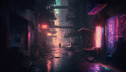 Dark and dirty cyberpunk alley with neon lights and billboards. Generative AI