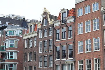 Amsterdam Oude Schans Canal Brick House Facades, Netherlands