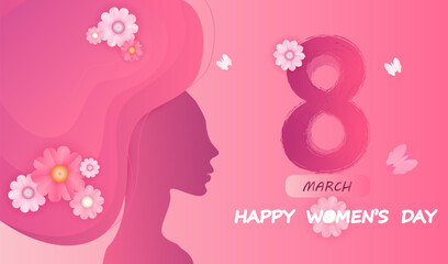 Happy women's day 8 march vector background with paper cut flowers hair and women face. International female holiday pink illustration. Spring design.
