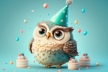 A cute and festive owl with a birthday hat, surrounded by balloons, confetti, and three tiny cakes. Generative AI  - 574886761