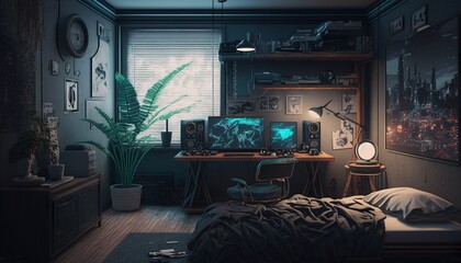 Gamer bedroom with high-end pc, big audio system, colorful LED lights and double bed. Generative AI