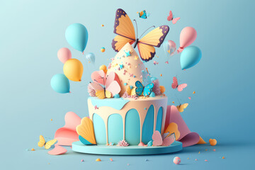 A delightful birthday cake adorned with a playful butterfly and surrounded by colorful balloons, creating a fun and festive atmosphere. Generative AI  - 574886913