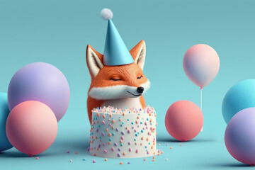A cute fox with a birthday hat, surrounded by balloons, confetti, and a mouth-watering cake, creates a fun-filled birthday celebration. Generative AI 