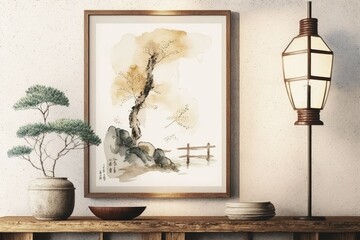 watercolor of a mock-up in a Japanese room. Generative AI