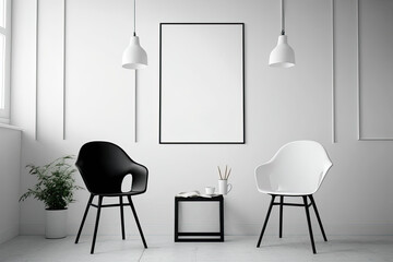 Mockup of a black poster with a narrow frame in a simple, all-white room with two chairs. Generative AI
