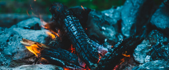 Vivid smoldered firewoods burned in fire close-up. Atmospheric warm background with orange flame of...