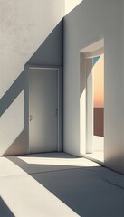 Door: minimalistic, white, space, light, shadow, open, abstract, conceptual, empty, blank, nobody, no people, photorealistic, illustration, Gen. AI