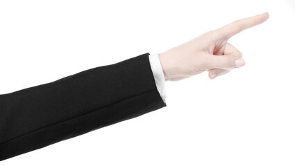Female caucasian hands in black and white office clothes isolated white background. business woman hands showing different gestures. Office Style
