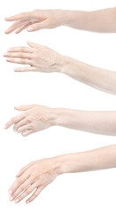 Collage female caucasian hands sticking medical adhesive wound plaster isolated white background. Set woman hands with surgical tape showing different gestures. first aid bandage