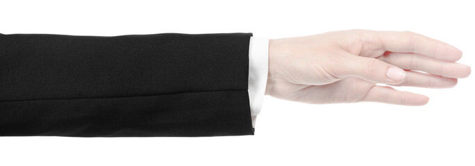 Obraz premium Female caucasian hands in black and white office clothes isolated white background. business woman hands showing different gestures. Office Style