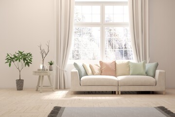 White living room with sofa and winter landscape in window. Scandinavian interior design. 3D illustration
