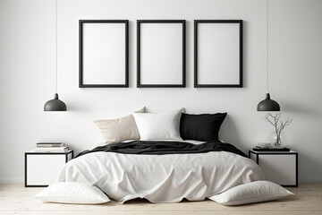 three imitation photo frames in a group. Over the bed in the bedroom, a vertically hung white square photo mockup with a black frame is displayed. Generative AI