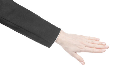 Female caucasian hands in black and white office clothes isolated white background. business woman hands showing different gestures. Office Style