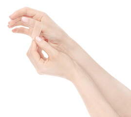 Female caucasian hands sticking medical adhesive wound plaster  isolated white background. Woman hands with surgical tape showing different gestures. first aid bandage