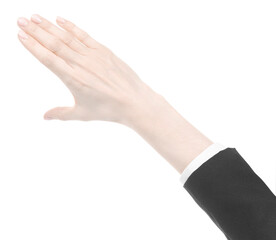 Female caucasian hands in black and white office clothes isolated white background. business woman hands showing different gestures. Office Style