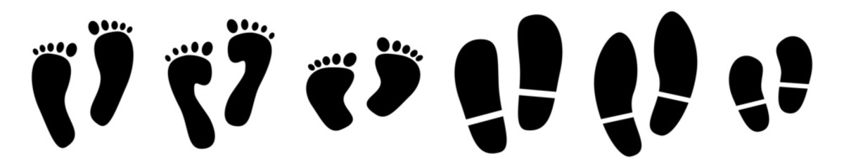 Footprint icons set. Various human footprints in black on transparent background.