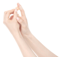 Female caucasian hands sticking medical adhesive wound plaster  isolated white background. Woman hands with surgical tape showing different gestures. first aid bandage