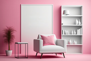 Living room with white empty poster on pink wall, comfortable armchair, bookshelf, and concrete floor. Minimalism. Mockup. Generative AI