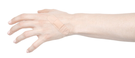 Female caucasian hands with medical adhesive wound plaster  isolated white background. Woman hands with surgical tape showing different gestures. first aid bandage