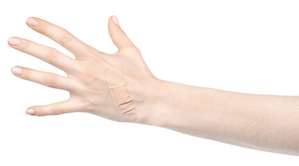 Female caucasian hands with medical adhesive wound plaster  isolated white background. Woman hands with surgical tape showing different gestures. first aid bandage