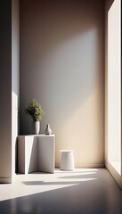 Plant: interior, objects, high ceiling, light, window, corner, white, hallway, wall, floor, still life, empty, blank, nobody, no people, photorealistic, illustration, Gen. AI