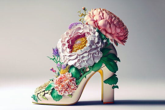Illustration realistic shoes with flowers on a colored background. Generative Ai