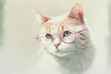 Cute pet cat with glasses. Watercolor illustration, Generative Ai