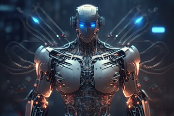 Humanoid robot with chip circuit. Futuristic technology. Generative AI