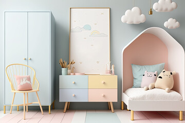 Illustration mockup photo frame in children's room or nursery, Japanese style interior pastel hues and design with charming furnishings and cozy,. Generative AI