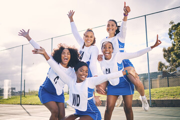 Fototapeta na wymiar Sports, netball and portrait of winner women ready for training, exercise and practice workout on court. Fitness, teamwork and excited girl athletes for motivation in sport game, match or competition