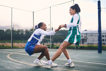 Netball help, support and outdoor game of team sports with fitness and exercise. Helping, sportsmanship and student women with teamwork and collaboration in a sport competition with happiness