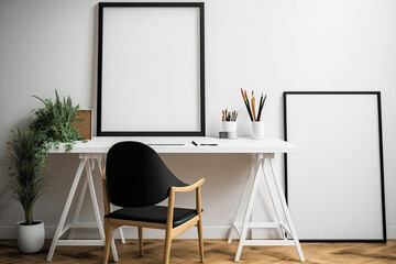 Elegant home office mockup with a white table, a brown chair, and a frame,. Generative AI