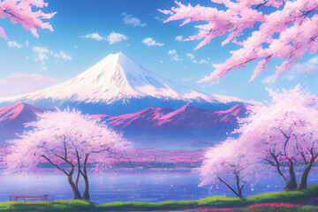 Beautiful pink cherry trees and Mount Fuji in the background of this Japan anime scenery wallpaper - obrazy, fototapety, plakaty
