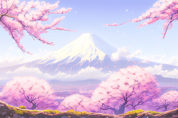 Beautiful pink cherry trees and Mount Fuji in the background of this Japan anime scenery wallpaper