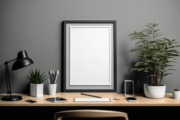 Minimal office portrait frame mockup with woody desk and gray wall. Generative AI