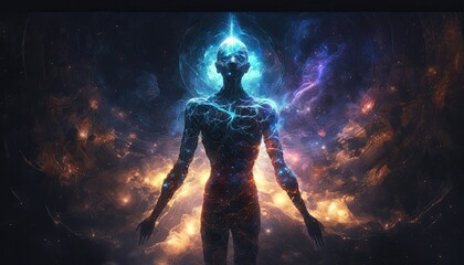 Astral Body silhouette In Cosmic Abstract Space, Representing Spiritual Connection and Meditation, Ascending Beyond, Ai, Ai Generated