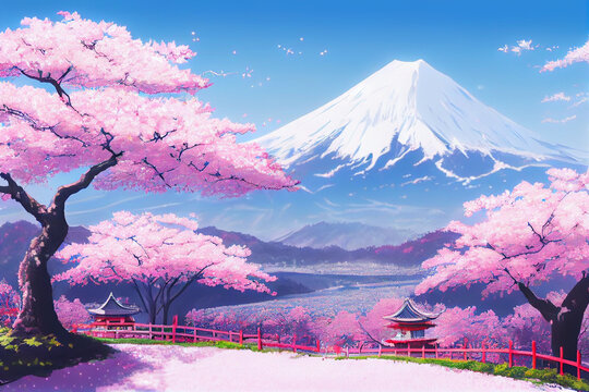 Beautiful Pink Cherry Trees And Mount Fuji In The Background Of This Japan Anime Scenery Wallpaper