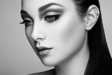 Fototapeta premium Beautiful woman face. Perfect makeup. Beauty fashion. Eyelashes. Lips. Cosmetic Eyeshadow