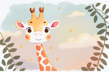 Cute Giraffe Vector Illustration with Nature Background for Kids: Adorable Safari Animal in Playful Vector Style Surrounded by Vibrant Trees and Leaves - Perfect for Children's Books, Educational Reso © aprilian