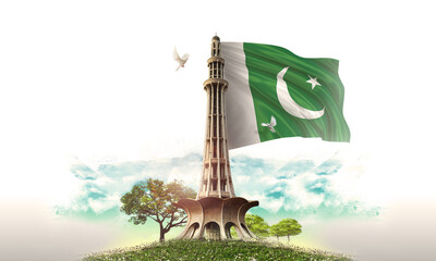 23 march resolution Day illustration painting artificial with Pakistan flag. Translation: Calligraphy PAKISTAN DAY. 3d illustration