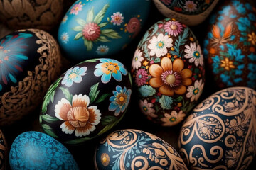 A Close-Up View of Easter Eggs Decorated with Lovely Flower Designs - Generative Ai