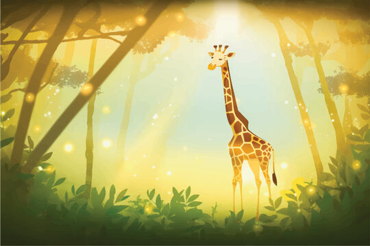 Cute Giraffe Vector Illustration with Nature Background for Kids: Adorable Safari Animal in Playful Vector Style Surrounded by Vibrant Trees and Leaves - Perfect for Children's Books, Educational Reso