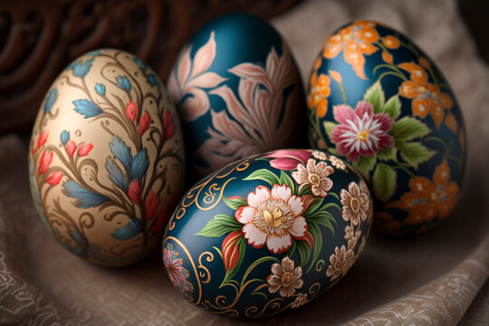Vibrant Painted Easter Eggs with Floral Detail in Stunning Close-Up - Generative Ai