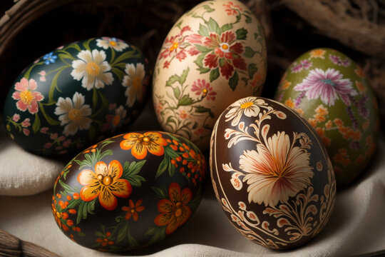 Vibrant Painted Easter Eggs with Floral Detail in Stunning Close-Up - Generative Ai